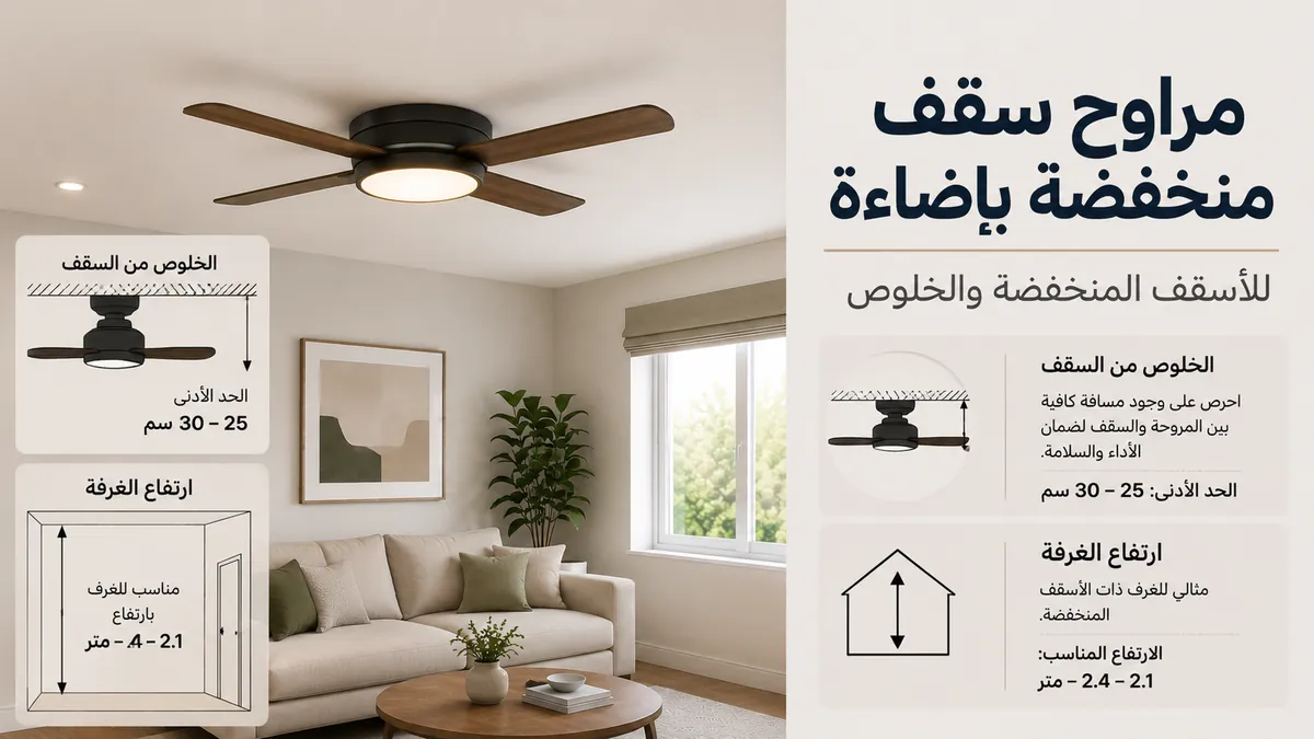مروحة سقف منخفضة بإضاءة مركبة بالقرب من سقف منخفض مع خلوص واضح