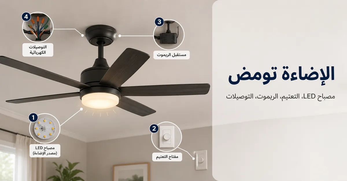 تنظيف وصيانة مروحة سقف بإضاءة باستخدام منفضة وأدوات للعناية بغطاء المصباح