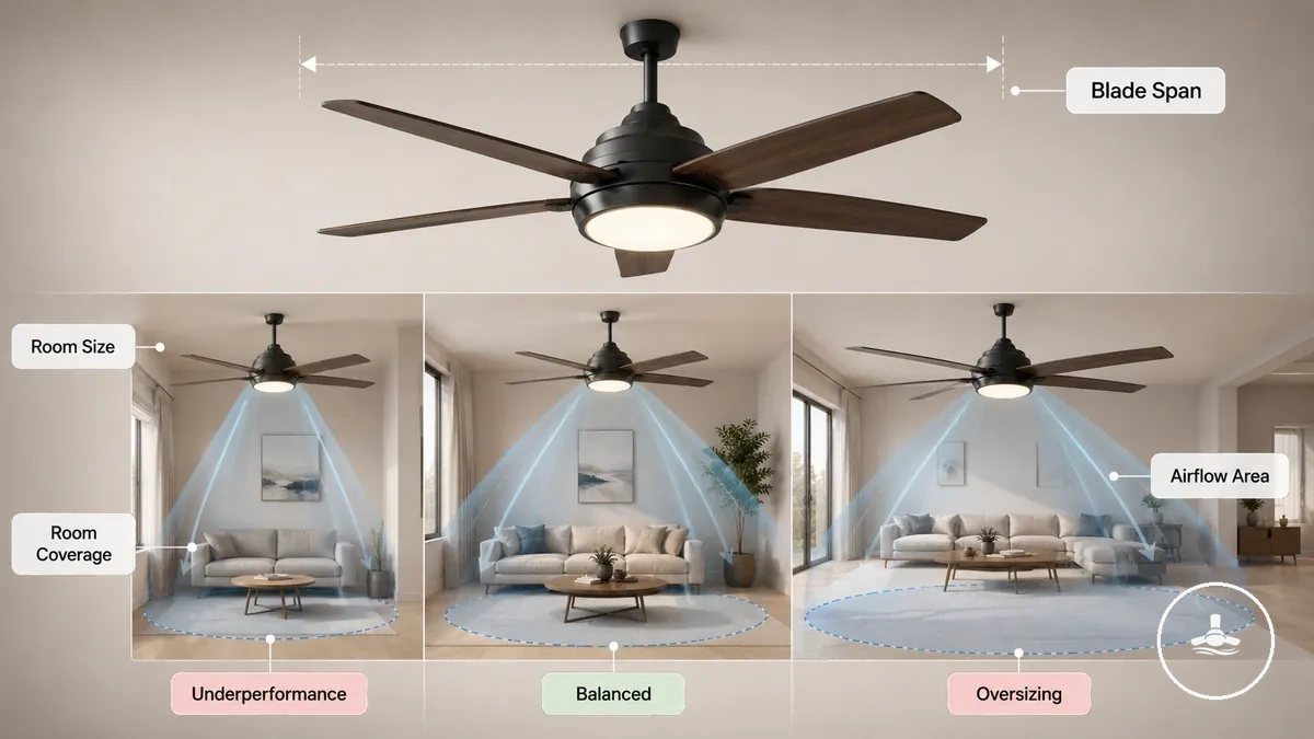 Flügelspannweite und Raumabdeckung für einen Deckenventilator mit Licht