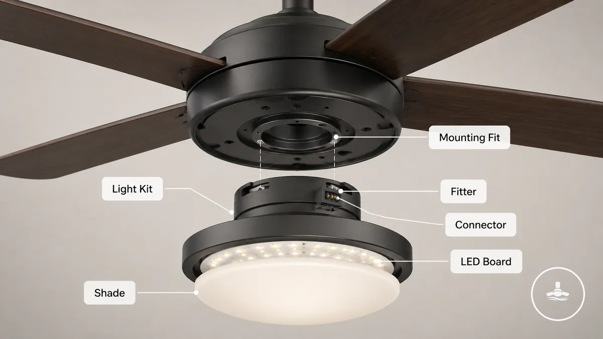 Separates Deckenventilator-Licht-Kit mit gekennzeichnetem Schirm, Anschluss und Montagebereich