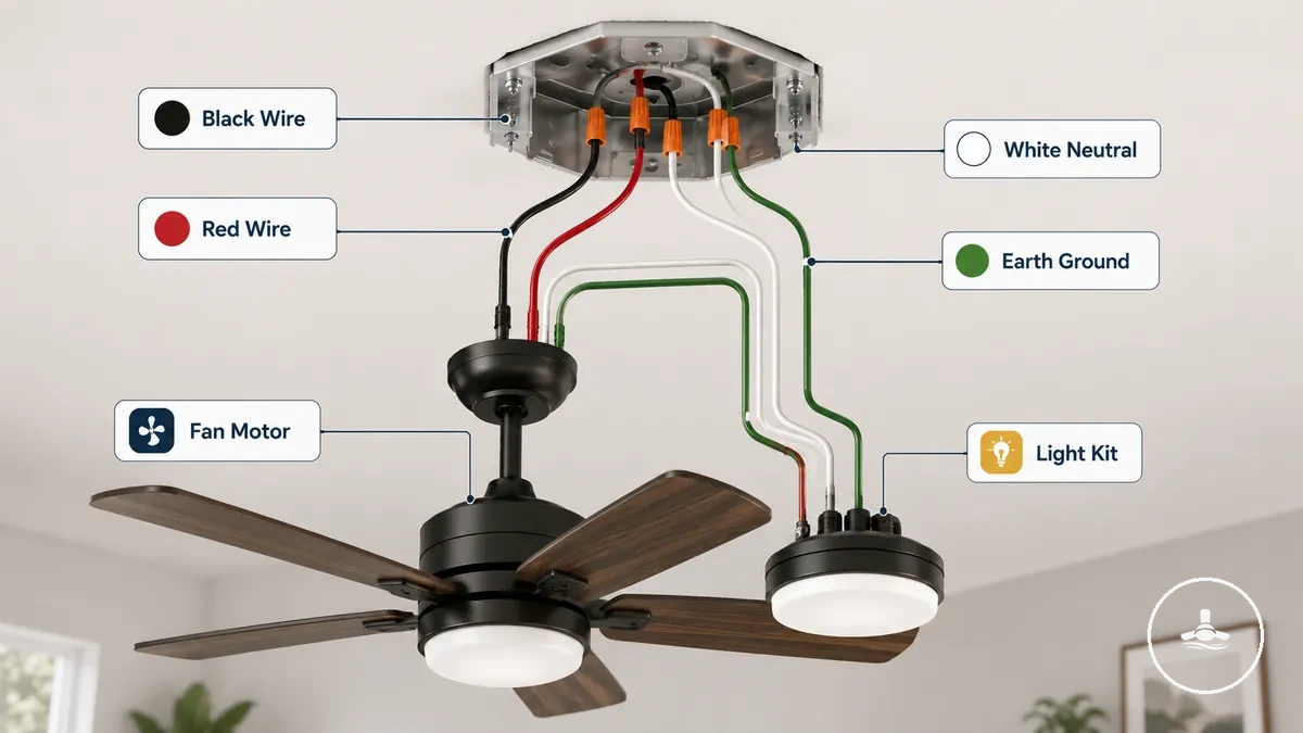 Schwarze, rote, weiße und grüne Adern in einem Beispiel für eine Deckenventilator-Licht-Verbindung beschriftet