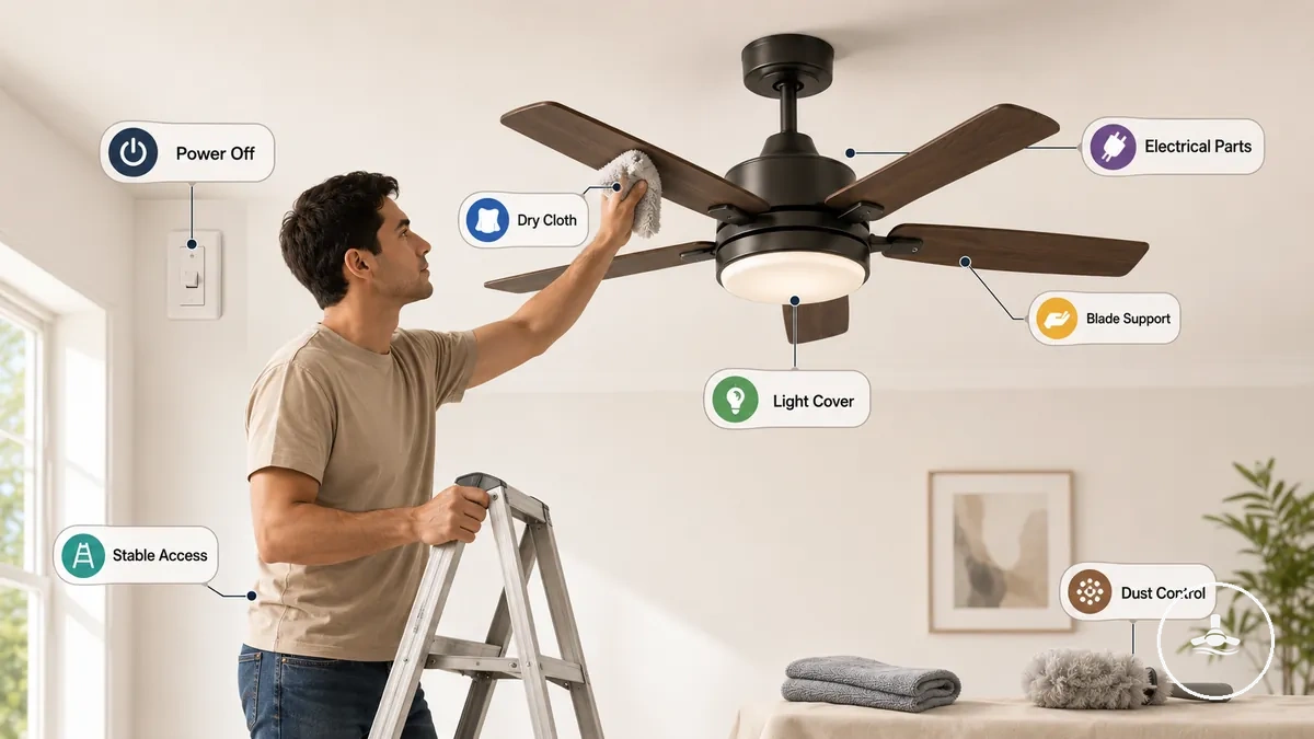 Sichere Vorbereitung zur Reinigung eines Deckenventilators mit Licht mit einem trockenen Staubwedel und stabilem Zugang