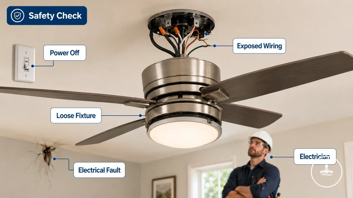 Sicherheitsinspektion eines Deckenventilatorlichts mit Überprüfung der Verkabelung und der Befestigung