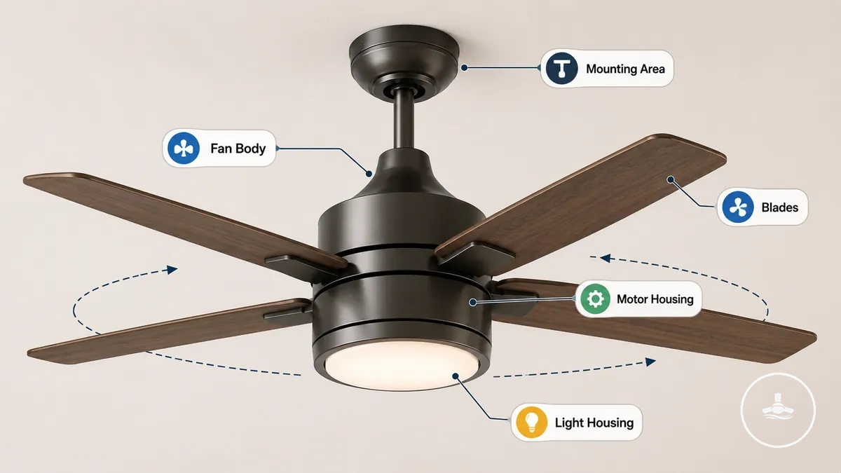 Ventilatorkörper, Flügel, Motorhaube und Leuchtengehäuse mit beschrifteten Teilen des Ventilatorlichts