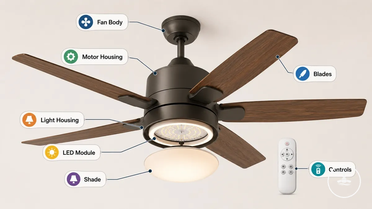Was Deckenventilatoren mit Licht enthalten, mit beschrifteten Teilen des Ventilatorlichts