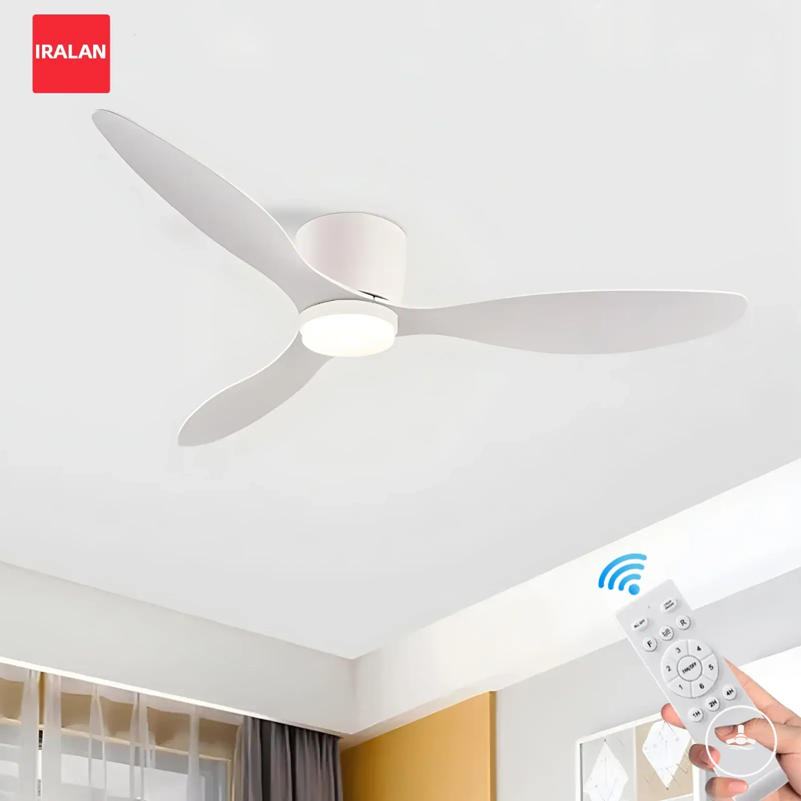 Reversible DC ceiling fan with light, remote control, and six speed options