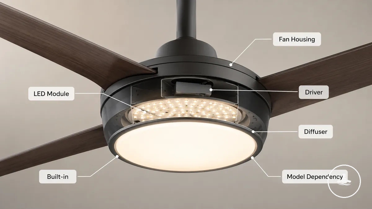 Ceiling fan with built-in LED module labeled inside the fan housing