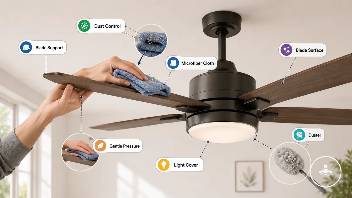 Cleaning ceiling fan blades with a microfiber cloth while supporting the blade to contain dust
