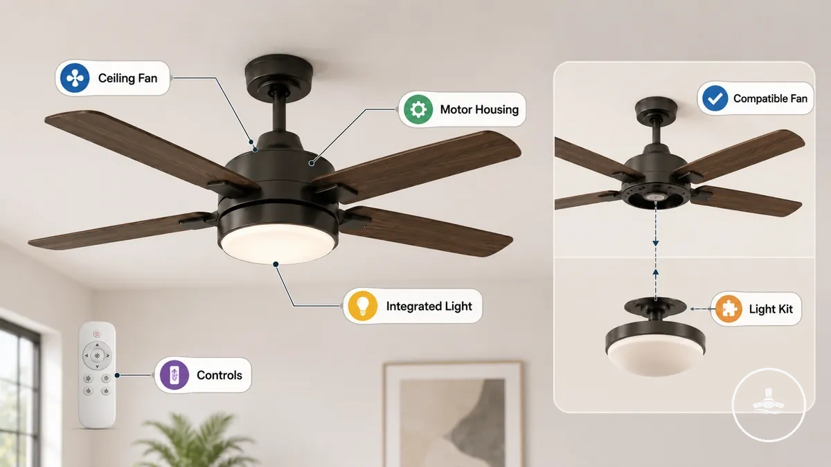 What a Ceiling Fan with Light Means shown with labeled ceiling fan light parts