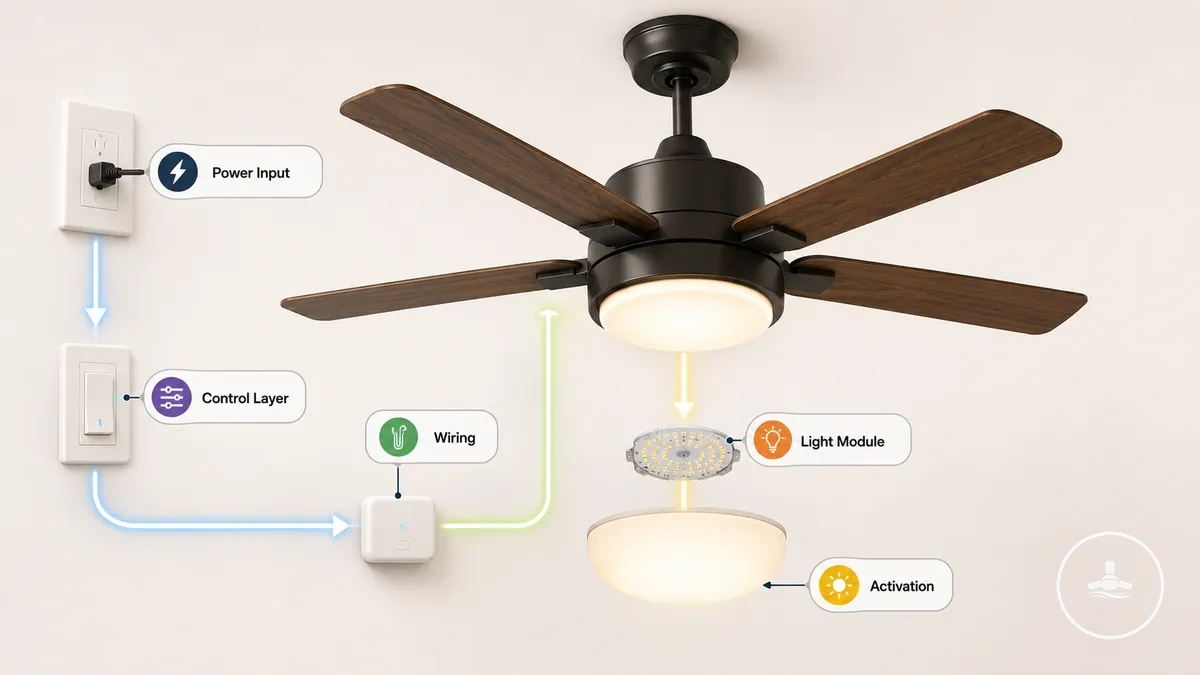 Ceiling fan light system flow diagram from power input to LED output