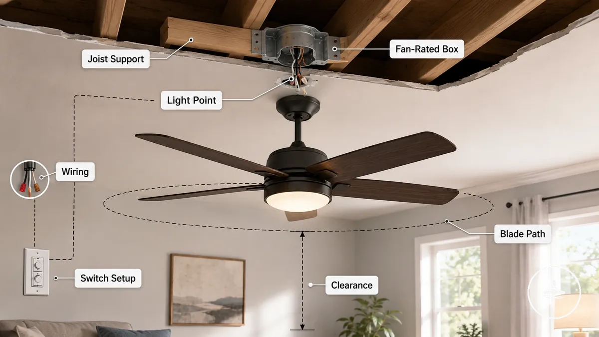 Installation conditions to check before replacing a light fixture with a ceiling fan with light