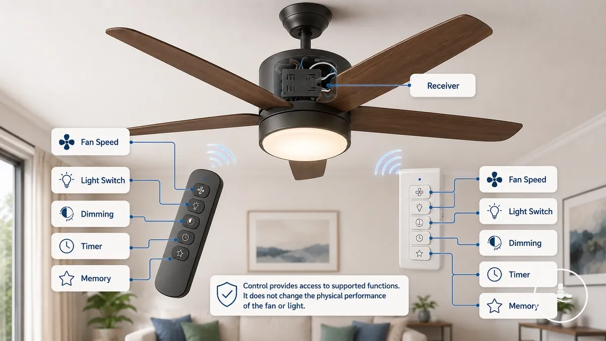 Diagrama que muestra cómo los controles del ventilador de techo se conectan a las funciones de velocidad, encendido de la luz y regulación
