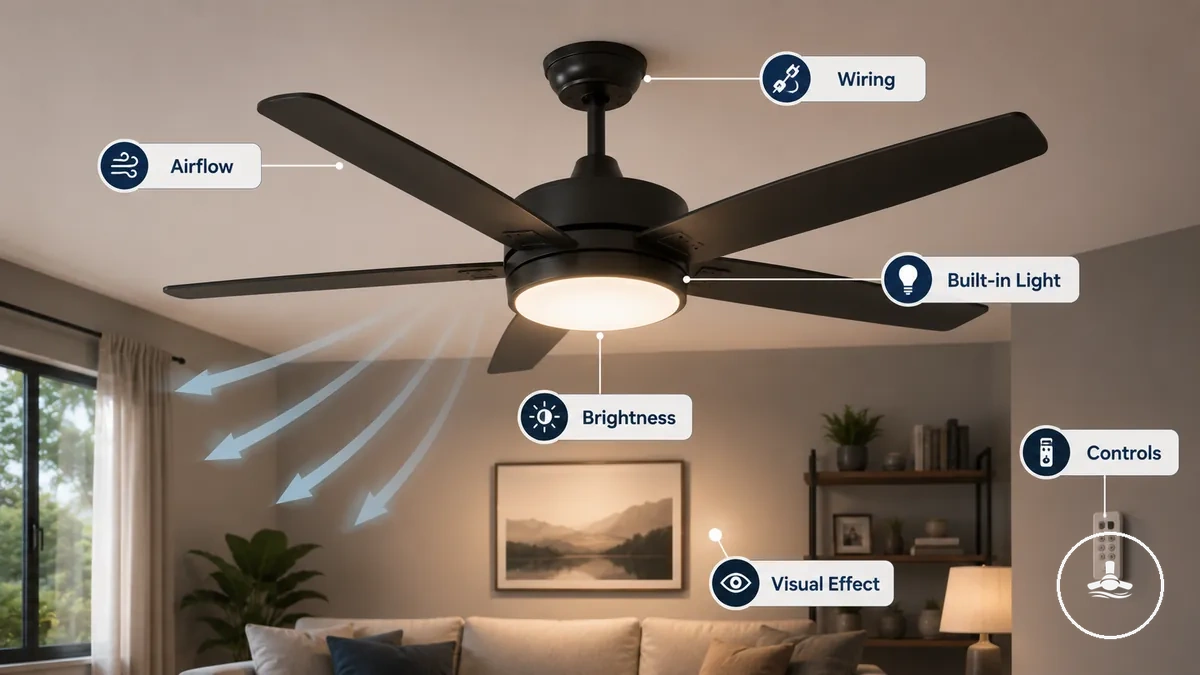 Ventilador de techo con luz que muestra el elemento de iluminación añadido y las aspas del ventilador