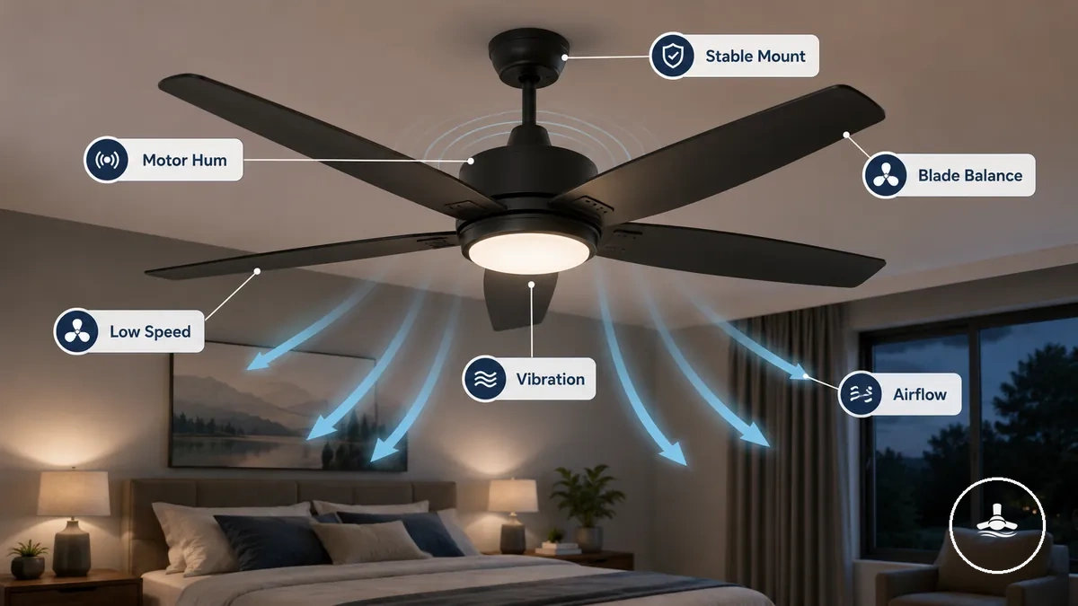 Ventilador de techo para dormitorio anotado que muestra la carcasa del motor, las aspas y los factores de confort a baja velocidad