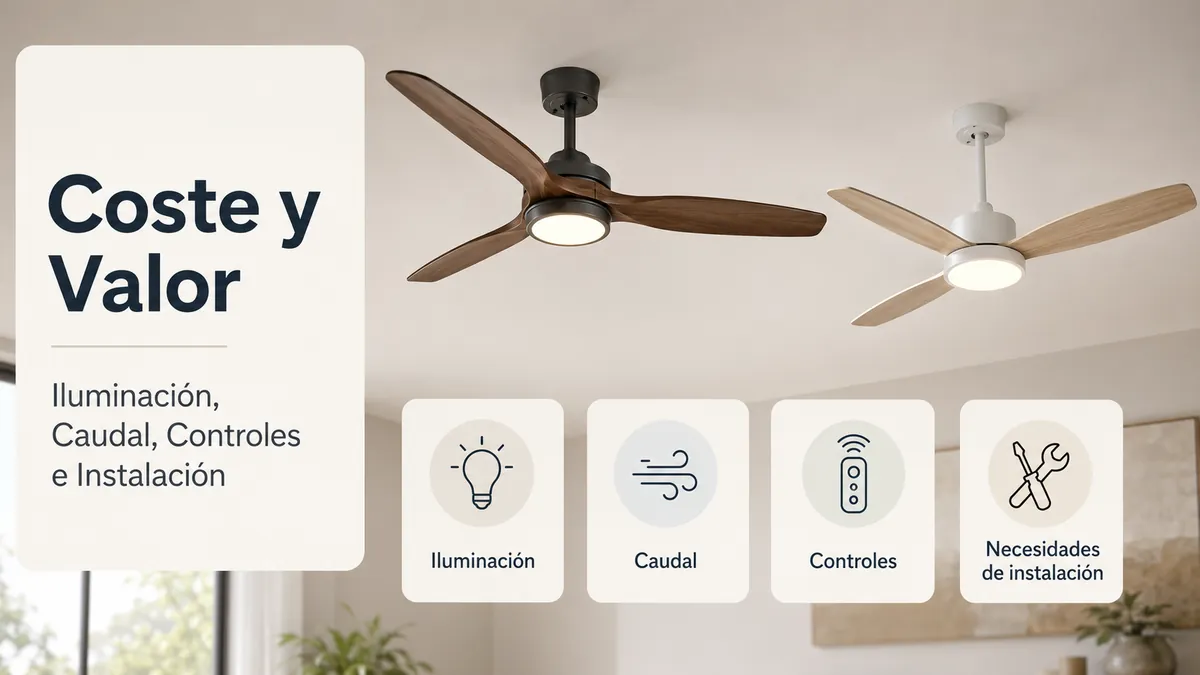 Ventiladores de techo con luz ordenados por factores de valor como iluminación, caudal, controles e instalación