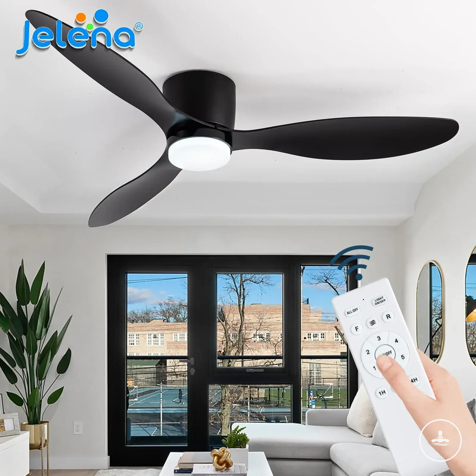 Grand ventilateur de plafond avec lumière LED, télécommande, fonction réversible et six vitesses