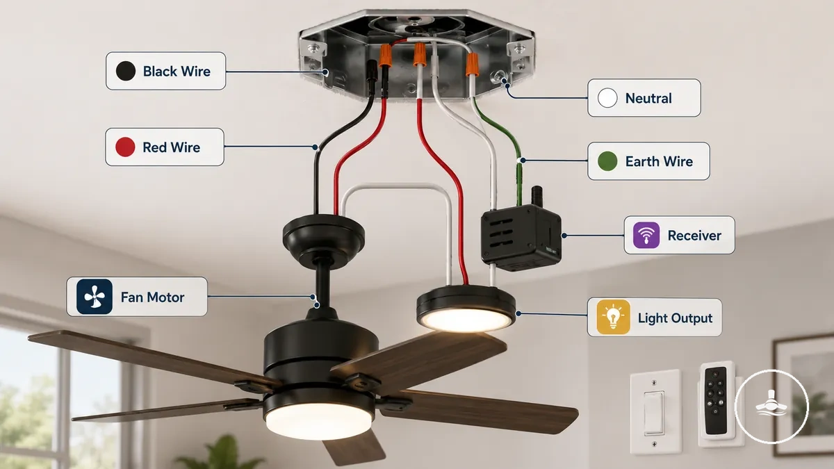 étiquettes de couleurs de câblage d'un ventilateur de plafond avec lumière montrant les rôles courants des conducteurs