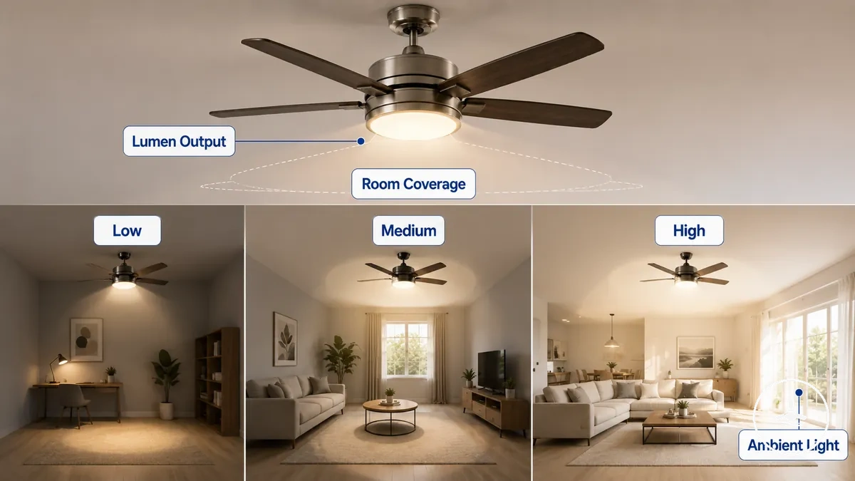 Niveaux de luminosité et flux lumineux pour les éclairages LED de ventilateurs de plafond