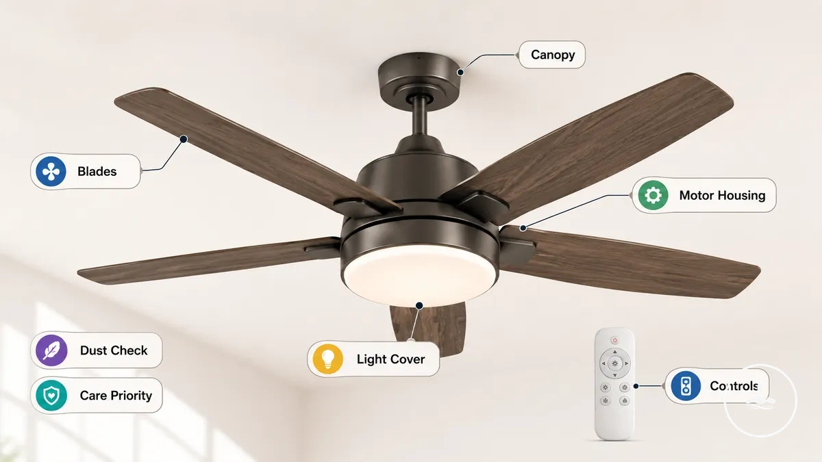 Ventilateur de plafond avec lumière légendé montrant les pales, le cache-lumière, le boîtier du moteur et les commandes pour le nettoyage et l entretien