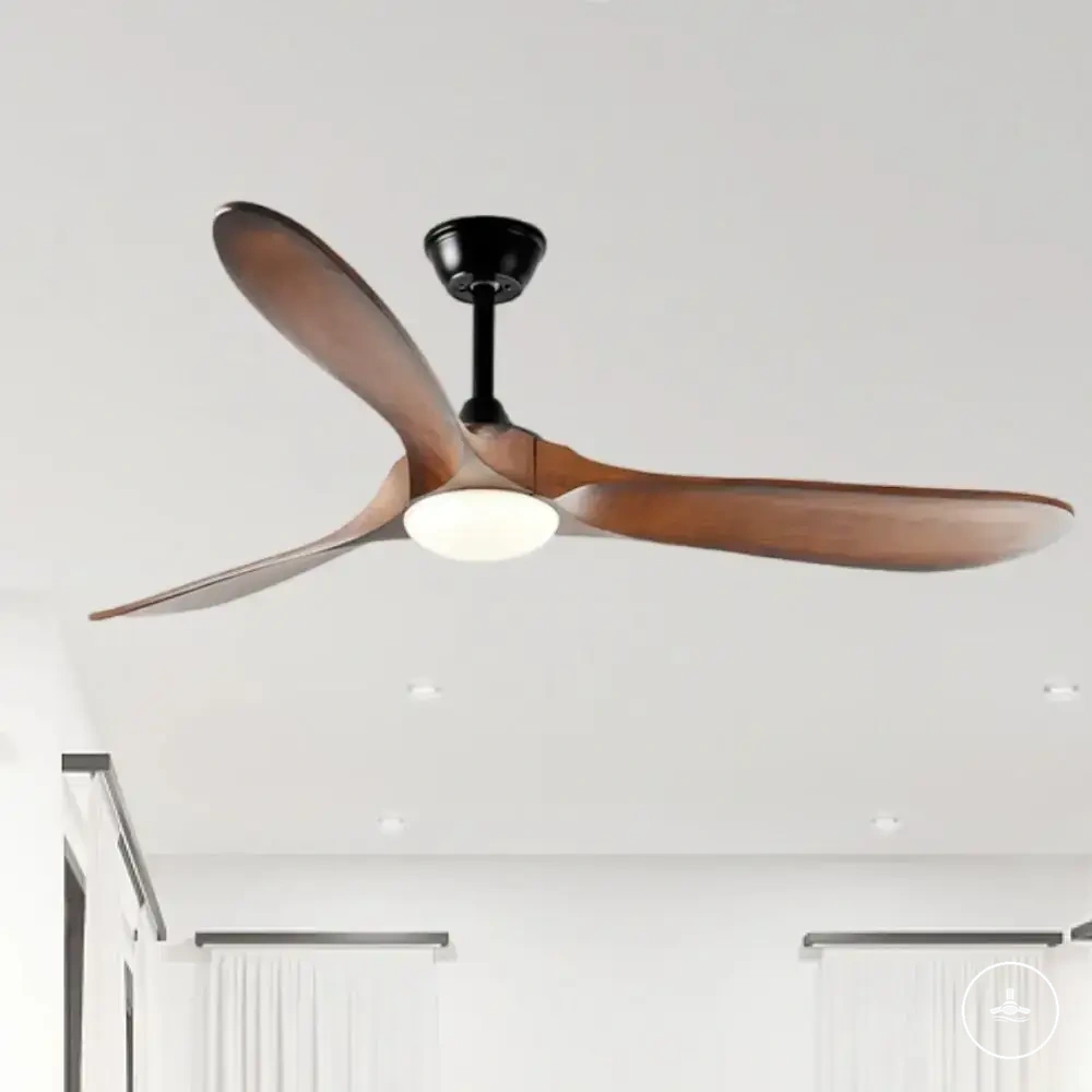 Ventilador de teto grande com pás de madeira, luz, controle remoto e motor DC
