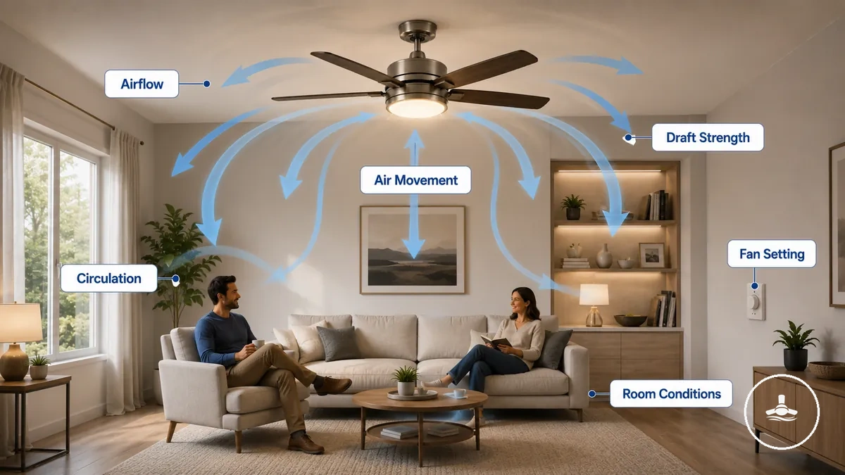 Diagrama mostrando o fluxo de ar de um ventilador de teto com luz e como a movimentação do ar afeta o conforto do ambiente