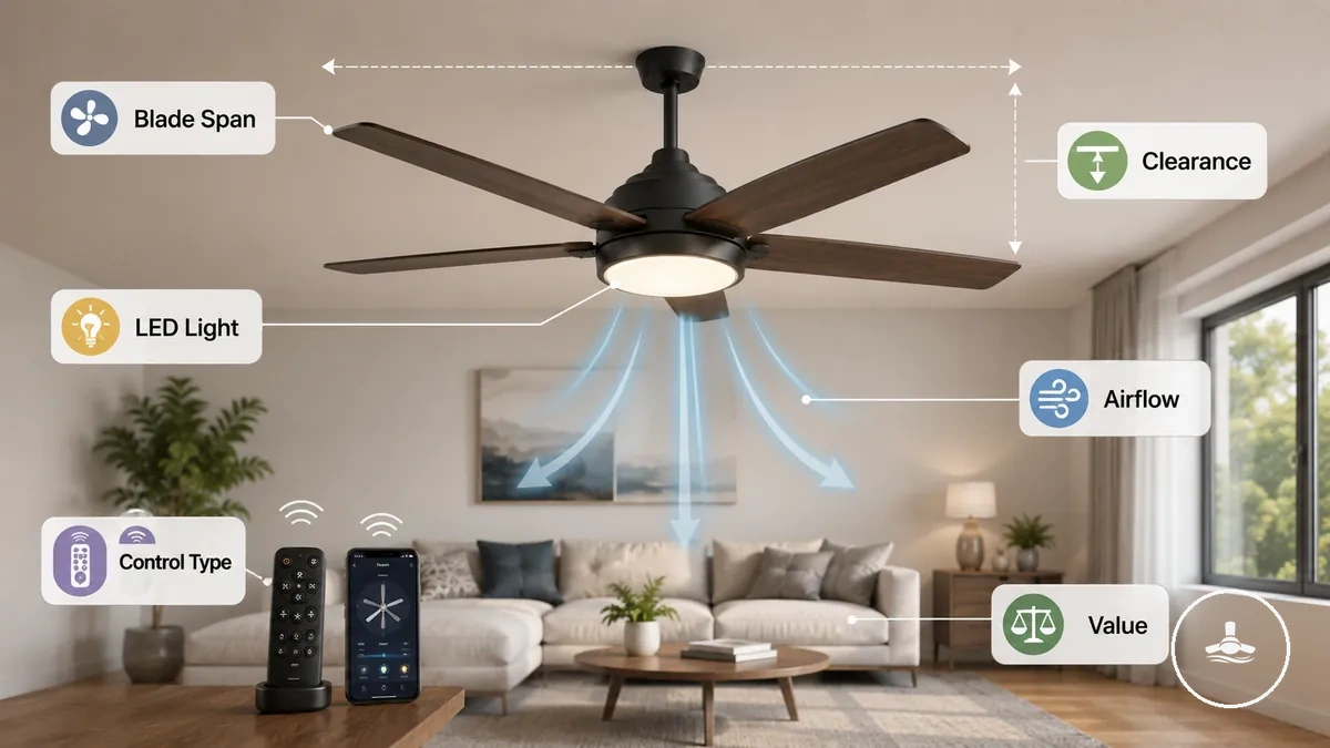 Critérios de seleção de ventilador de teto com luz mostrando diâmetro das pás, espaço livre, iluminação e recursos de controle