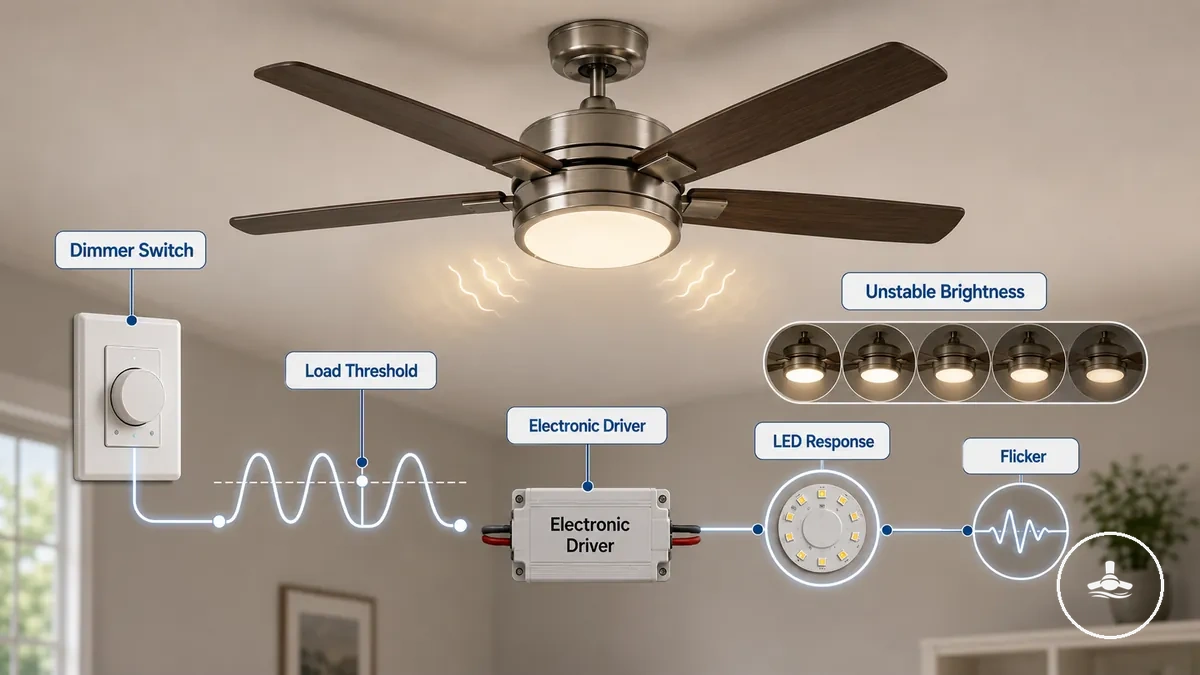 Diagrama de forma de onda da interação do dimmer para luz piscando do ventilador de teto