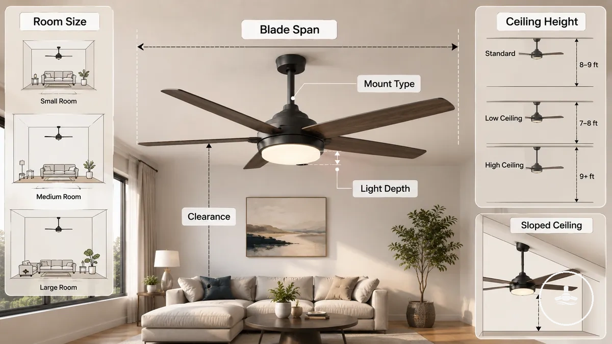 Verificações de tamanho do ambiente e ajuste ao teto para um ventilador de teto com luz