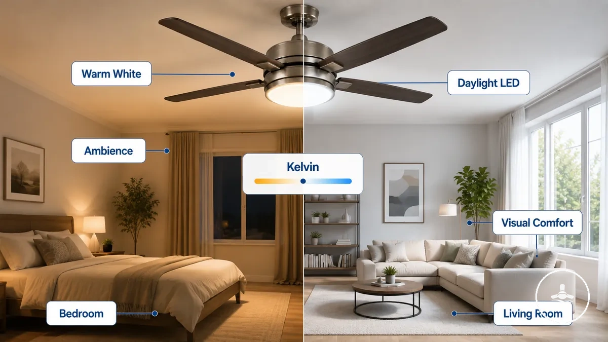 Opções de temperatura de cor em luzes LED de ventilador de teto, do branco quente à luz do dia