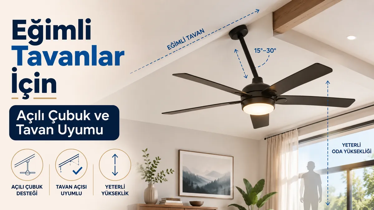 Açılı uzatma çubuğuyla eğimli veya yüksek eğimli tavana monte edilmiş ışıklı tavan vantilatörü